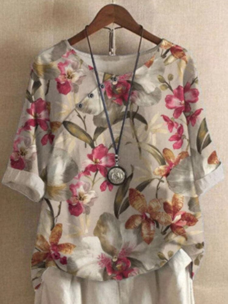 Damebluse – Blomstermønstret – Rund Hals – Halvlange Ermer – Løs Passform – Dekorative Knapper