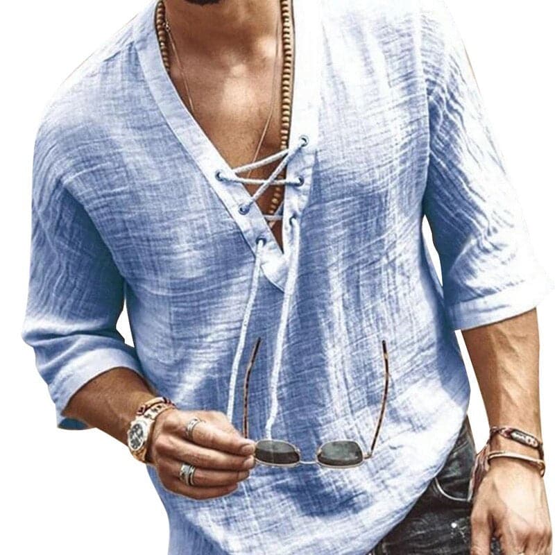 Men's Shirt - Light and Breathable - V-neck with Lacing - Comfortable Loose Fit