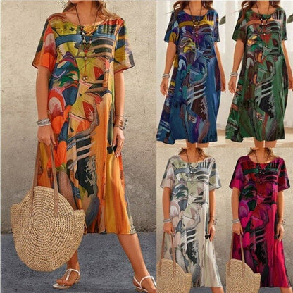 Women's Maxi Dress – Loose Fit – Round Neck – Short Sleeves – Abstract Pattern