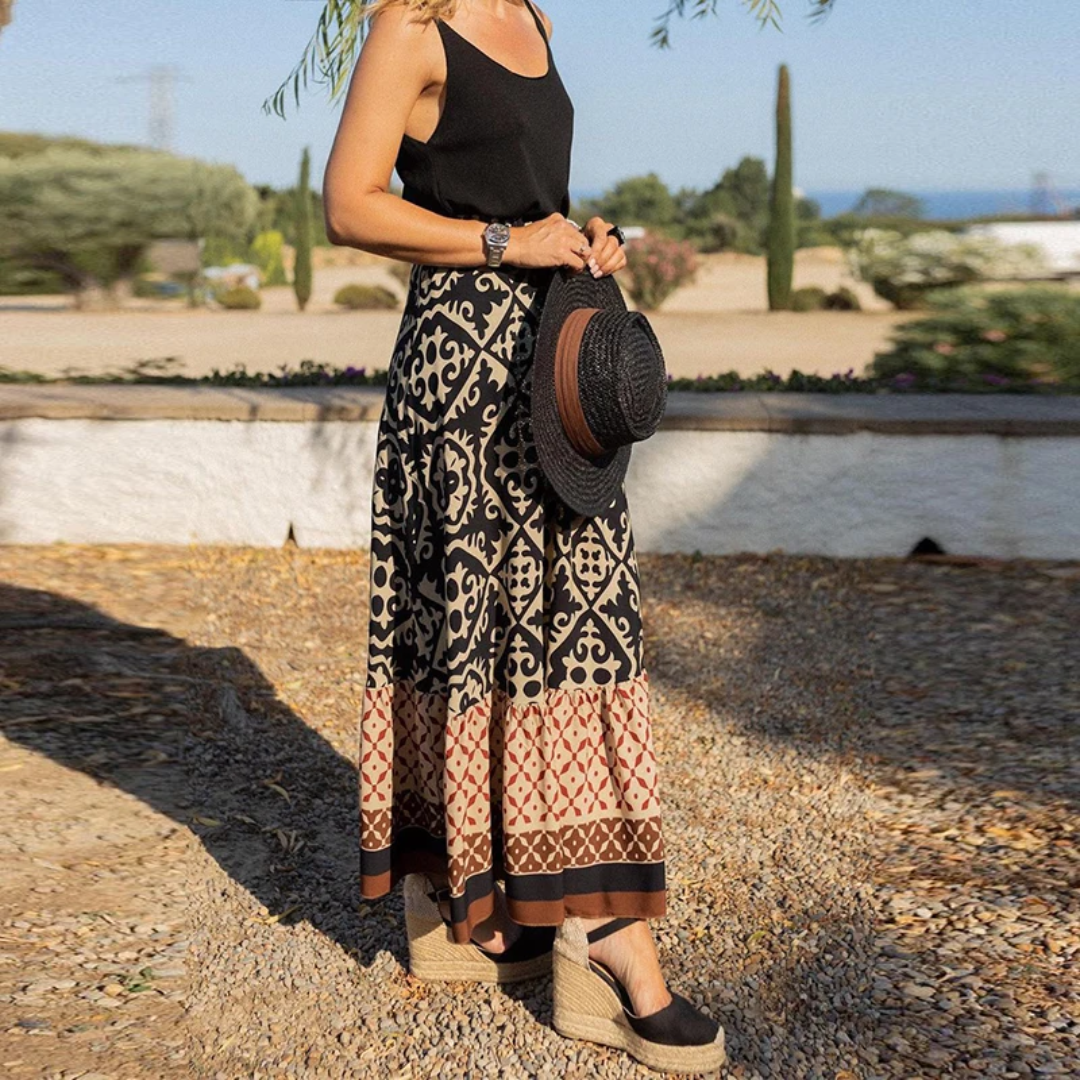 Maxi Skirt Women – A-Line Fit – Geometric Pattern – Layered Hem – Natural Fiber