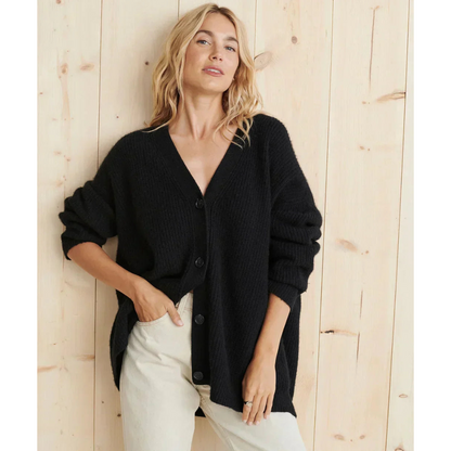 Women's Long Knitted Cardigan – Relaxed Fit – Wool Blend – V-Neck – Buttons