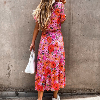 Women's Midi Dress - V-neck - Short Puff Sleeves - Fitted Waist - Floral Print