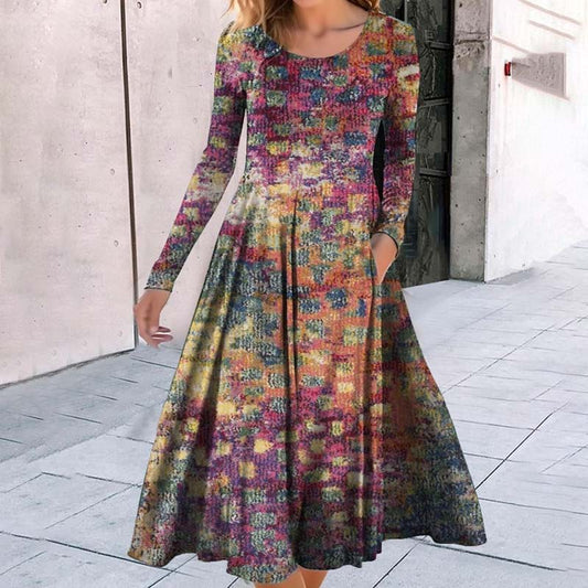 Dress for Women - Round Neck - Long Sleeves - A-line Fit - With Pockets