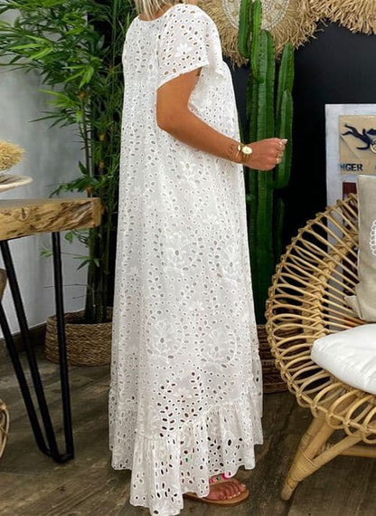 Women's Maxi Dress - Bohemian Style - Broderie Anglaise - V-neck - Airy and Comfortable