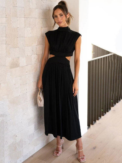 Dress for Women – Midi Fit & Flare – High Neck – Short Sleeves – Cut-Out Details