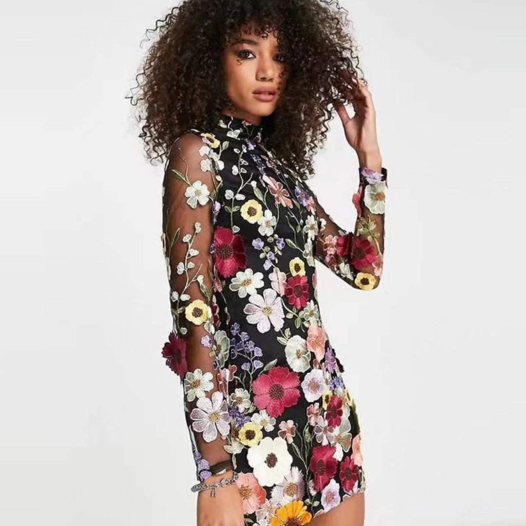Dress for Women - Tight-fitting Mini Dress - Floral Embroidery - Long Sleeves - High Neck