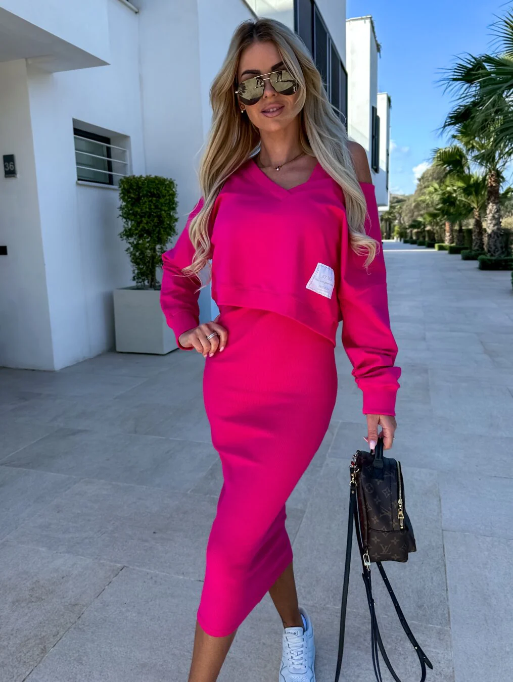 Women's Sweatshirt Dress Set – Soft Knit – V-Neck – Midi Pencil Skirt – Relaxed Fit