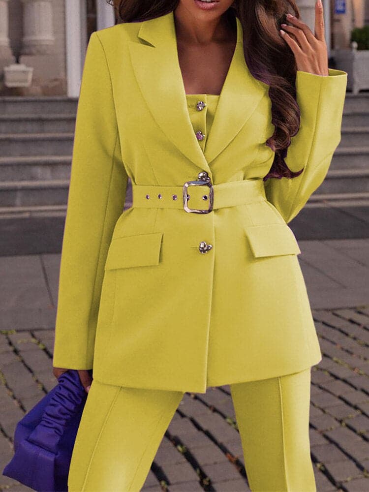 Women's Suit – Tailored Blazer with Belt – Slim Fit Pants – Elegant Formal Look