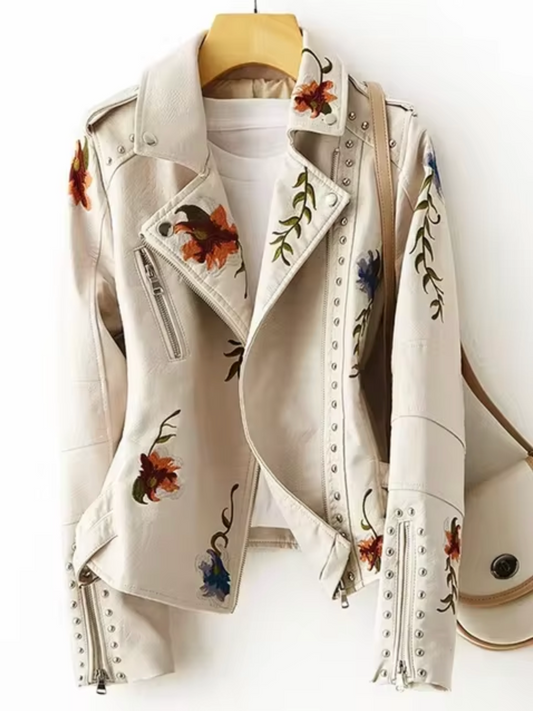Women's Leather Jacket – Tailored Fit – Embroidered Flowers – Studded Biker Style