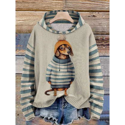 Hoodie Women – Relaxed Fit – Fleece Feel – Dog Print – Striped Sleeves
