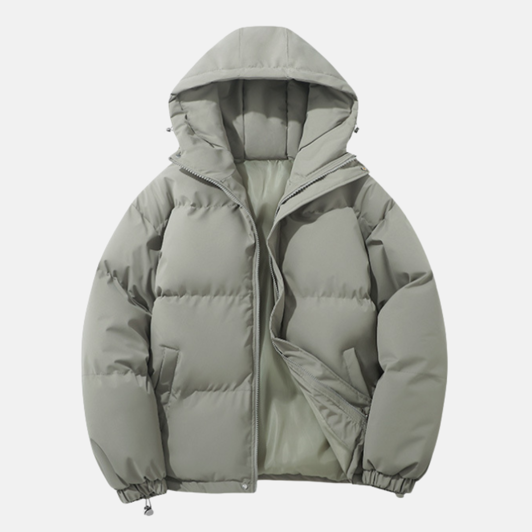 Men’s Puffer Coat - Woven Synthetic - Relaxed Fit - Hip Length - Padded Hood