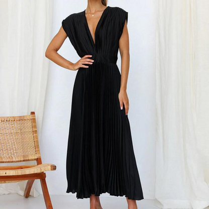 Dress for Women – Midi Length – A-line Fit – V-neck – Elegant Pleated Design