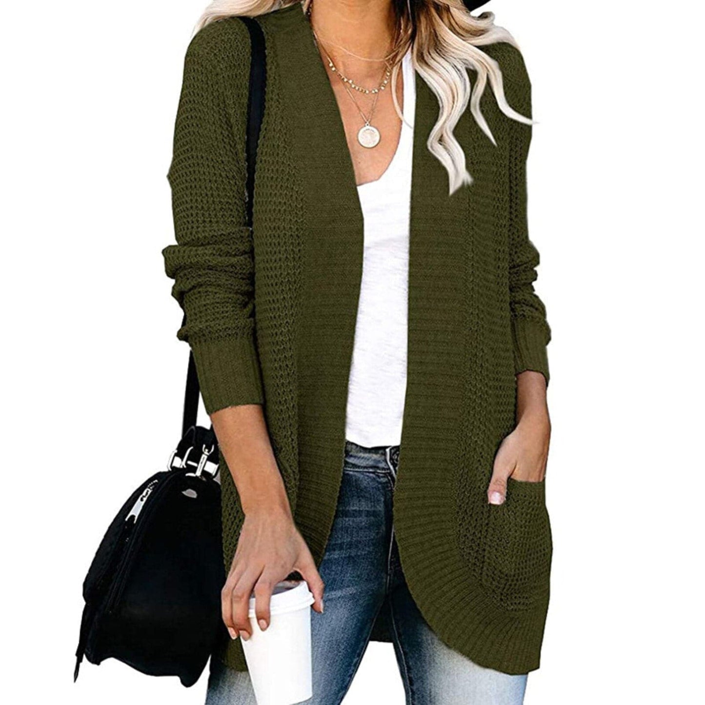 Dame Strikket Cardigan - Mykt Stoff - Åpen Front - Avslappet Passform - Med Lommer