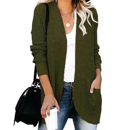 Dame Strikket Cardigan - Mykt Stoff - Åpen Front - Avslappet Passform - Med Lommer
