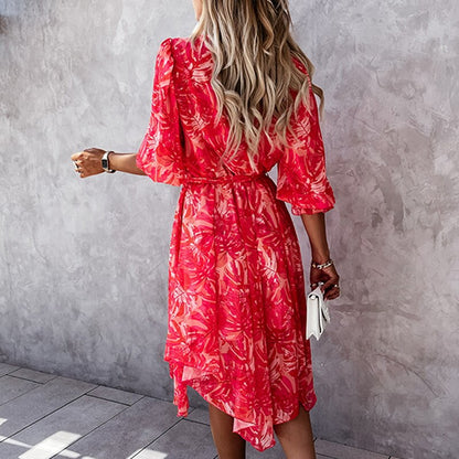 Women's Midi Dress – A-line Fit – V-neck – Short Sleeves – Floral Pattern