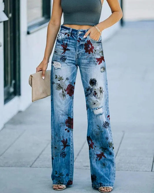 Women's Jeans – High Waist – Straight Leg – Regular Fit – Distressed with 3D Floral Print