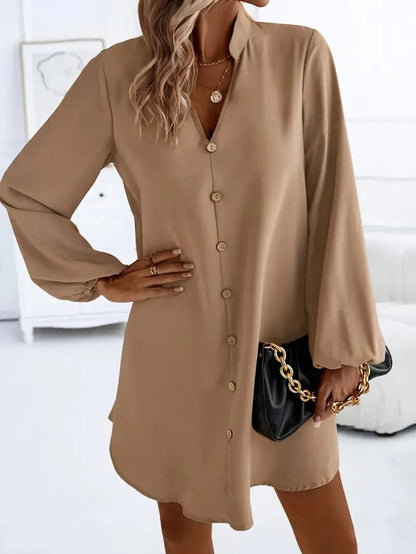 Dame Skjortekjole – Knelang – V-hals – Lange Ermer – Elegant og Casual