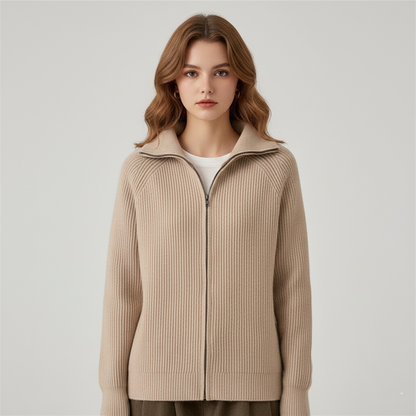 Women's Cardigan – Fitted Fit – Ribbed Knit Wool – High Collar – Zipper Closure