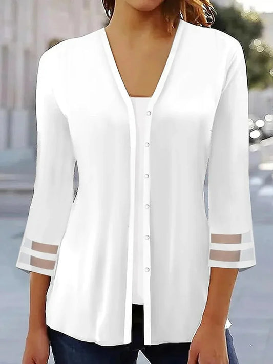 Women's Shirt – Loose Fit – V-neck – Buttons – Transparent Sleeves