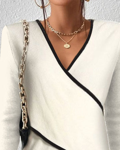 Women's Wrap Top – Slim Fit – V-Neck – Long Sleeves – Contrast Details