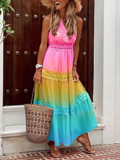 Women's Maxi Dress - V-neck Sleeveless - Lace and Ruffles - Elegant and Comfortable