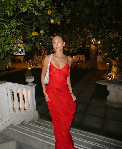 Dress woman – Maxi dress – Slim fit – Spaghetti straps – Ruffle details – Chiffon look