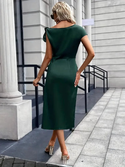 Dress Woman – Elegant Satin Finish – Asymmetric Cut – High Neck – Tailored Fit