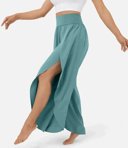 Women's Wide Pants – Flowy Fit – High Slits – Elastic Waist – Light and Comfortable