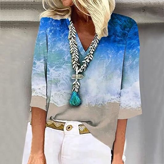 Women's Blouse - Loose Fit - V-neck - 3/4 Sleeves - Light and Comfortable