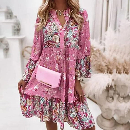 Women's Dress - Bohemian A-line - V-neck - Long Sleeves - Floral Print - Comfortable Fit