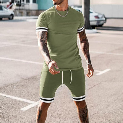 Men's Two-Piece Set - Short-Sleeved Round Neck T-Shirt - Elastic Drawstring Shorts