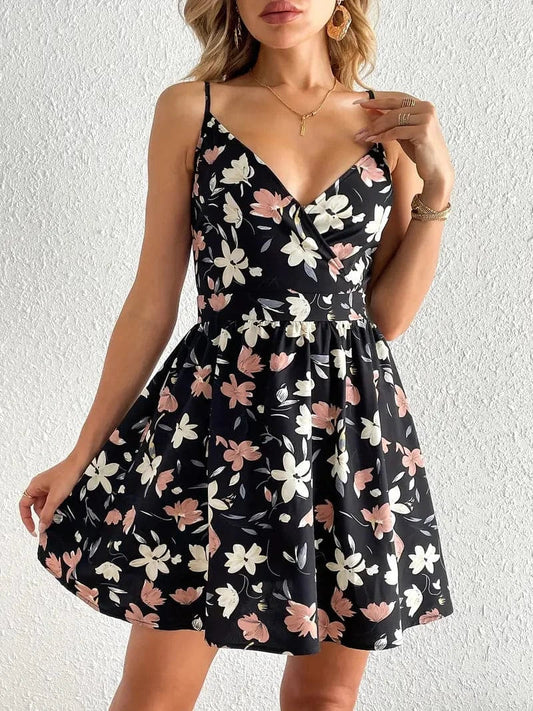 Women's Dress - V-neck Wrap Design - Adjustable Straps - A-line Short Length - Floral Pattern