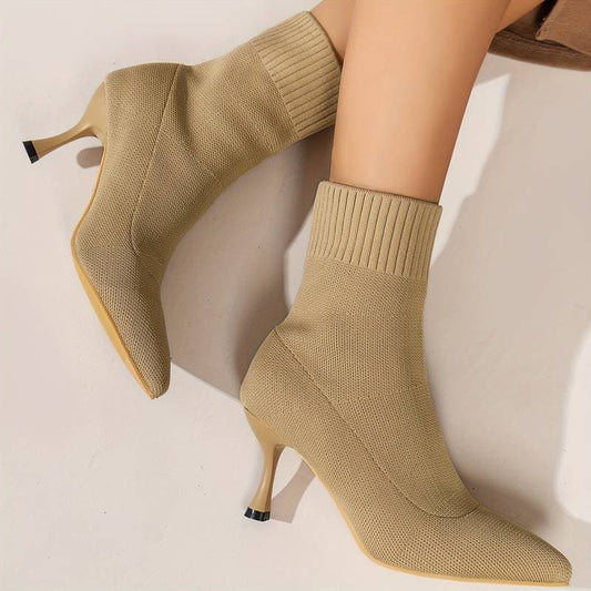 Women's Ankle Boots - Knitted Sock Boots - Pointed Toe - Slim Stiletto Heel - Tight Fit