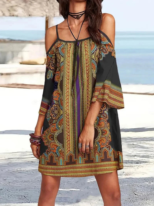 Women's Dress - Bohemian Design - Short Spaghetti Straps - Loose Fit - Flowy 3/4 Sleeves