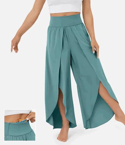 Women's Wide Pants – Flowy Fit – High Slits – Elastic Waist – Light and Comfortable