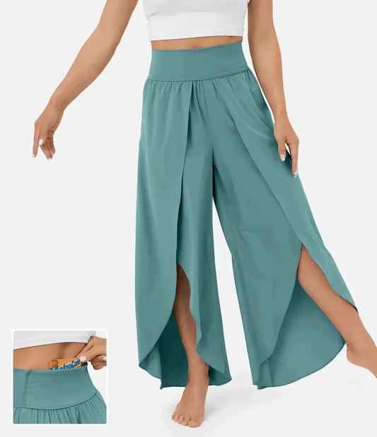 Women's Wide Pants – Flowy Fit – High Slits – Elastic Waist – Light and Comfortable