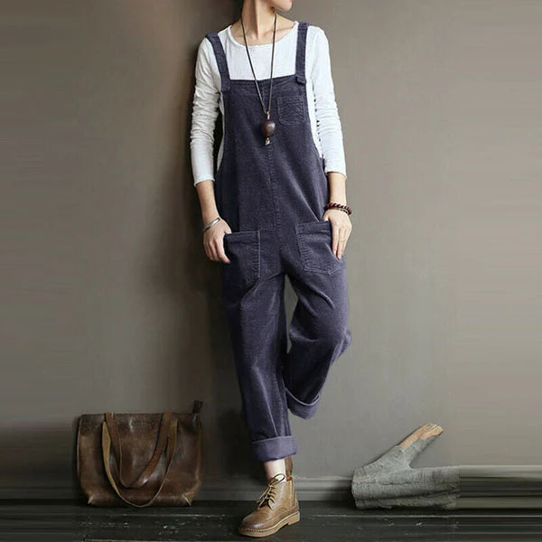 Women's Overall Pants – Relaxed Fit – Textured Ribbed Fabric – Adjustable Straps – Full Length