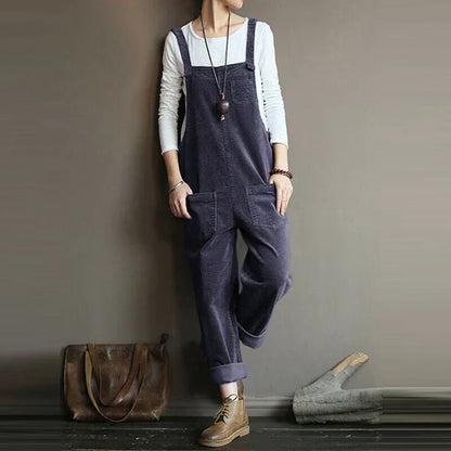 Women's Overall Pants – Relaxed Fit – Textured Ribbed Fabric – Adjustable Straps – Full Length