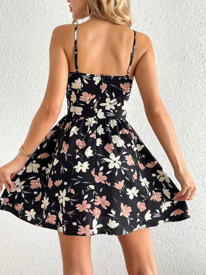 Women's Dress - V-neck Wrap Design - Adjustable Straps - A-line Short Length - Floral Pattern