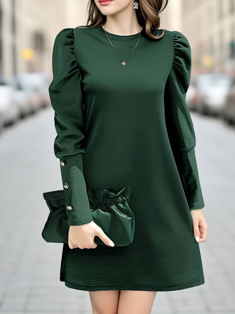 Dress for Women – Elegant A-Line – Puff Sleeves – Knee-Length – Button Details