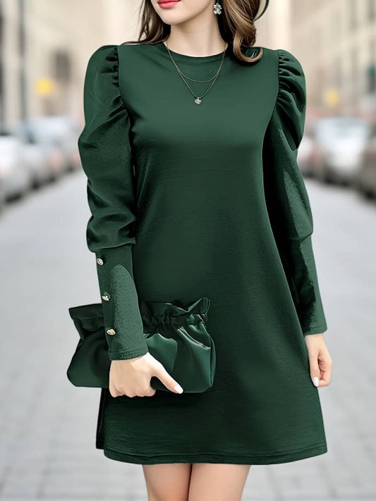 Dress for Women – Elegant A-Line – Puff Sleeves – Knee-Length – Button Details