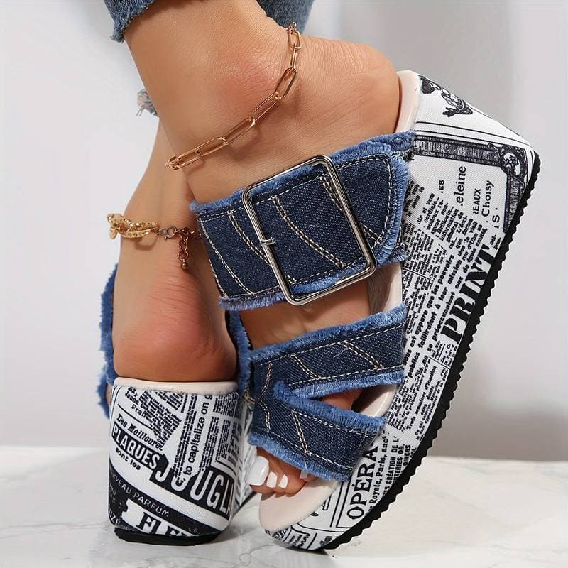Women's Platform Sandals - Denim Fabric - Adjustable Buckle - Comfortable Wedge Heel