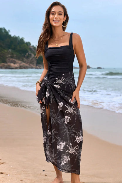 Women's Swimsuit Set – Figure-Hugging Fit – Floral Print – Side-Tie Cover-Up