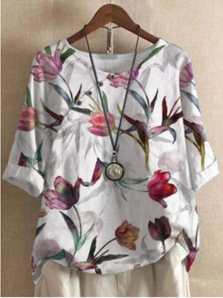 Damebluse – Blomstermønstret – Rund Hals – Halvlange Ermer – Løs Passform – Dekorative Knapper