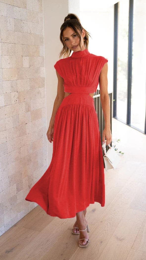 Dress for Women – Midi Fit & Flare – High Neck – Short Sleeves – Cut-Out Details