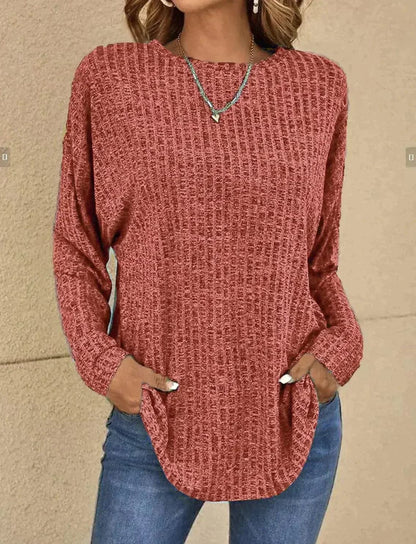 Women's Sweater - Knitted Texture - Long Sleeved - Relaxed Fit - Round Neck
