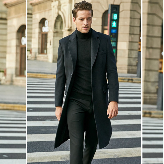 Men's Coat – Tailored Fit – Knee Length – Wool Texture – Classic Cut