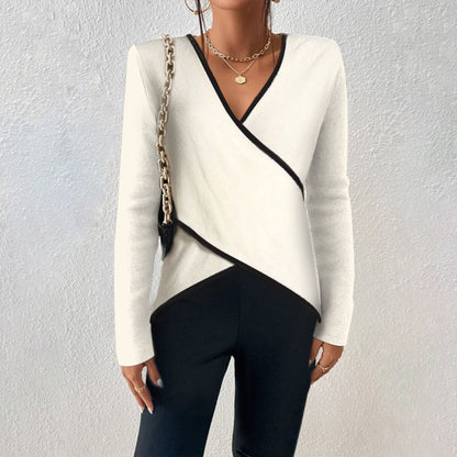 Women's Wrap Top – Slim Fit – V-Neck – Long Sleeves – Contrast Details