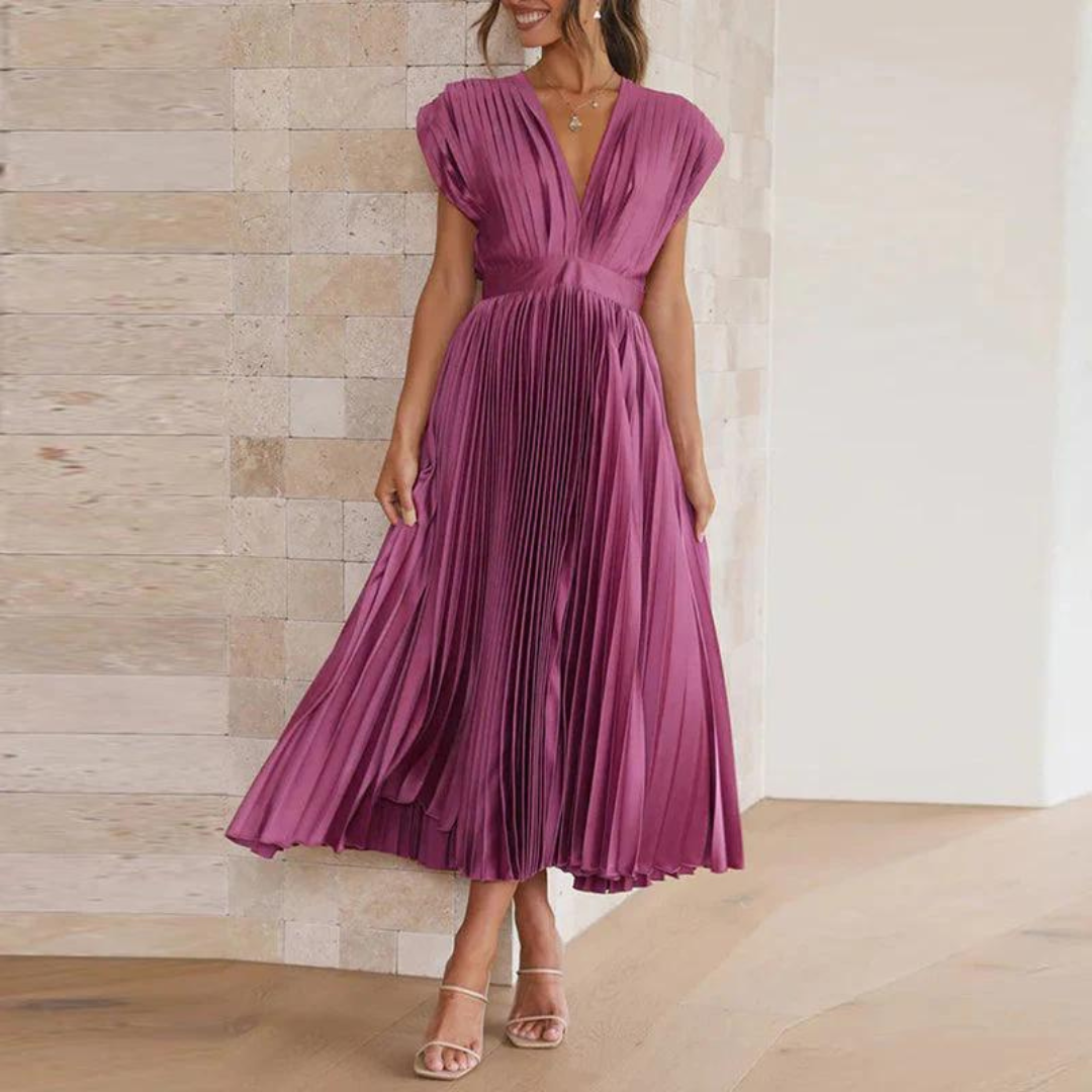 Dress for Women – Midi Length – A-line Fit – V-neck – Elegant Pleated Design