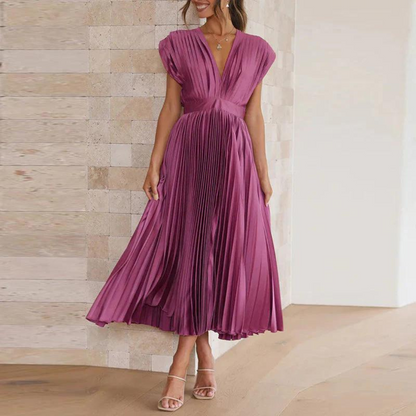 Dress for Women – Midi Length – A-line Fit – V-neck – Elegant Pleated Design